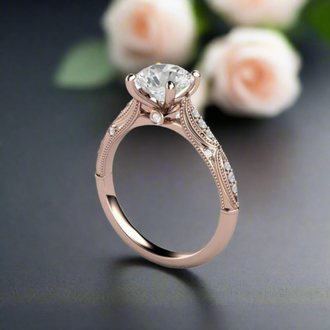 Vintage Inspired Moissanite Engagement Ring, Art Deco Solitaire Cathedral Setting with Milgrain and Hidden Diamond