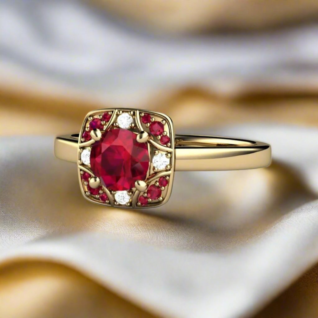 Natural Ruby Engagement Ring, Art Deco Design with Diamonds, Gold or Platinum