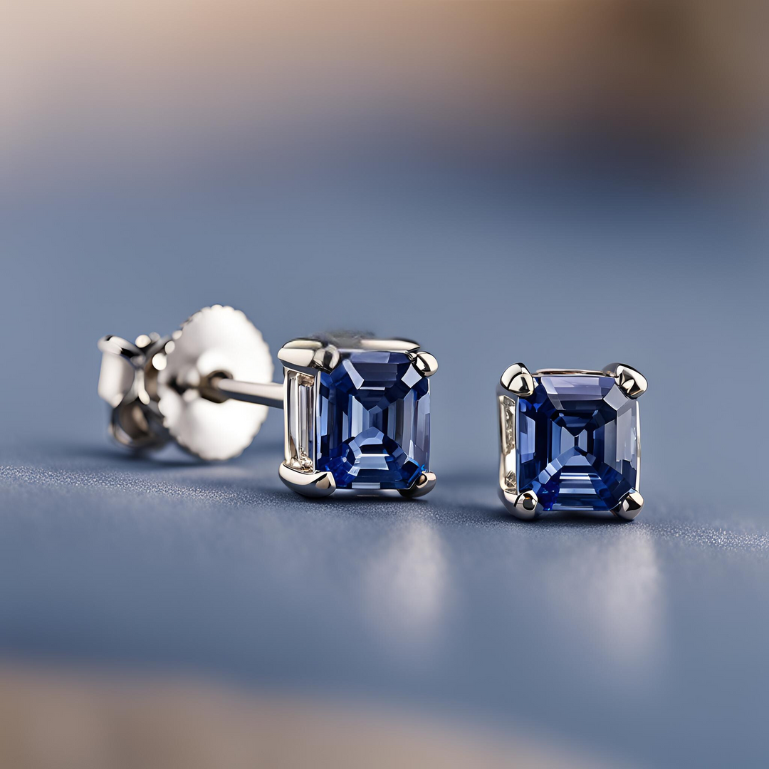 2 Carat Asscher Cut Blue Sapphire Stud Earrings, Asscher Cut Sapphire Studs, Unheated Ceylon Sapphire Jewelry