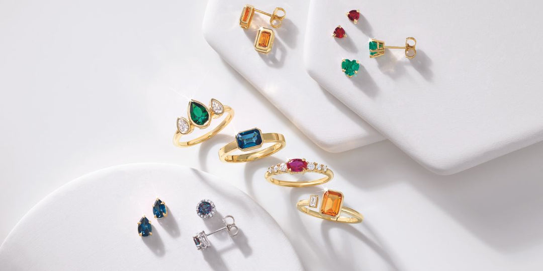 Colorful gemstone rings and earrings in gold. Explore ethical handcrafted gemstone and birthstone jewelry from Rare Earth Jewelry.