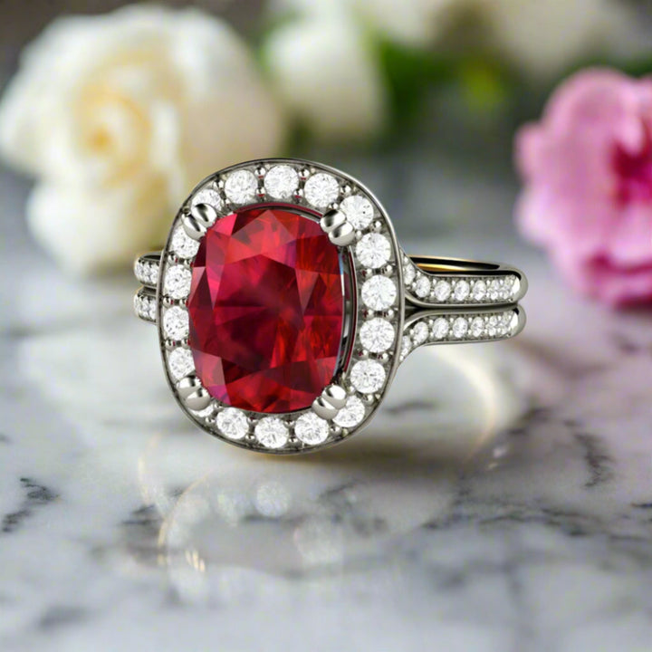 Cushion Cut Ruby Engagement Ring with Diamond Halo and Split Shank, Large Ruby Ring, Ruby and Diamond Statement Ring | Rare Earth Jewelry