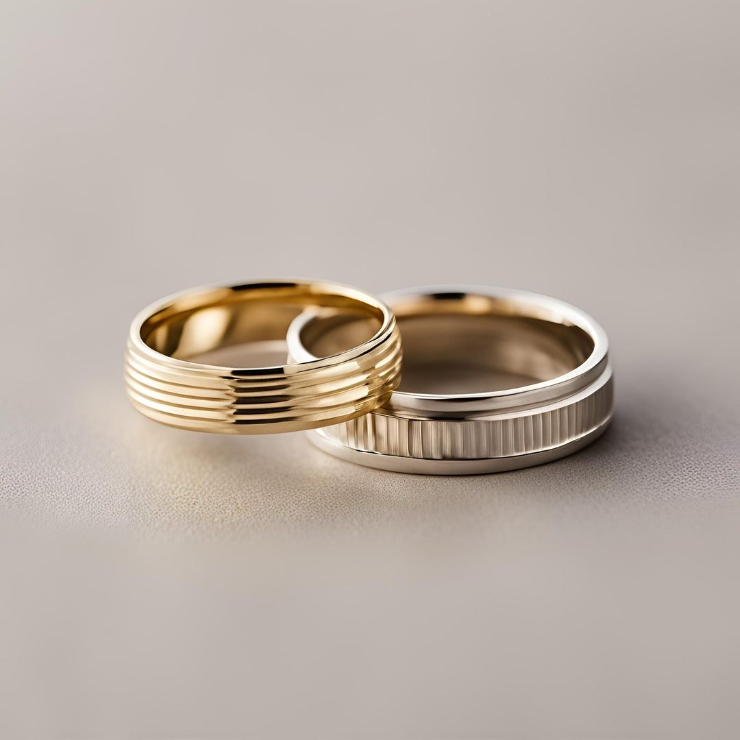 A pair of custom wedding rings with a grooved and ribbed modern design from Rare Earth Jewelry.