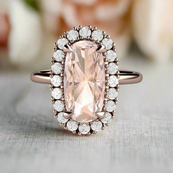 Elongated Cushion Cut Morganite Engagement Ring, Feminine Vintage Style Cluster Design with Diamond Accents, Rose Gold Claw Prongs