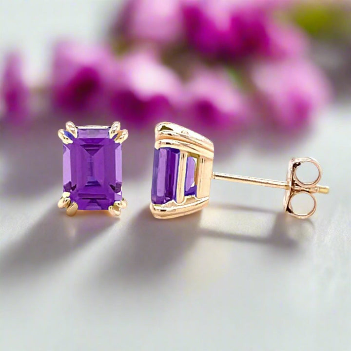 14K Gold Amethyst Studs, Emerald Cut Natural Amethyst Earrings with Double Prong Settings.