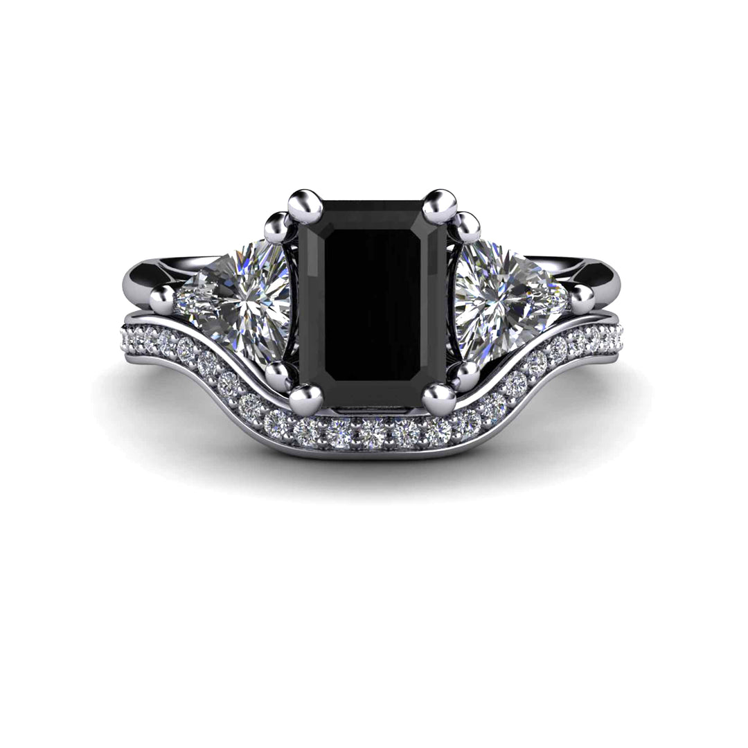 Black Diamond Engagement Ring Emerald Cut 3 Stone with Diamonds