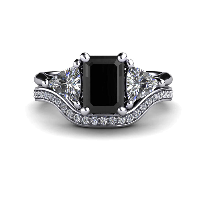 Black Diamond Engagement Ring Emerald Cut 3 Stone with Diamonds