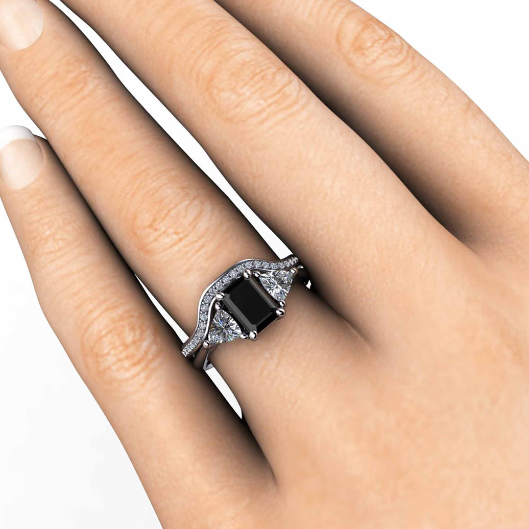 Black Diamond Engagement Ring Emerald Cut 3 Stone with Diamonds