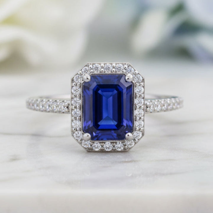 Emerald Cut Blue Sapphire Engagement Ring with Pave Diamond Halo in Gold or Platinum, September Birthstone | Rare Earth Jewelry