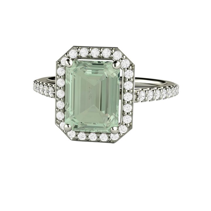 Emerald Cut Green Amethyst Ring | Pave Diamond Halo in Gold or Platinum