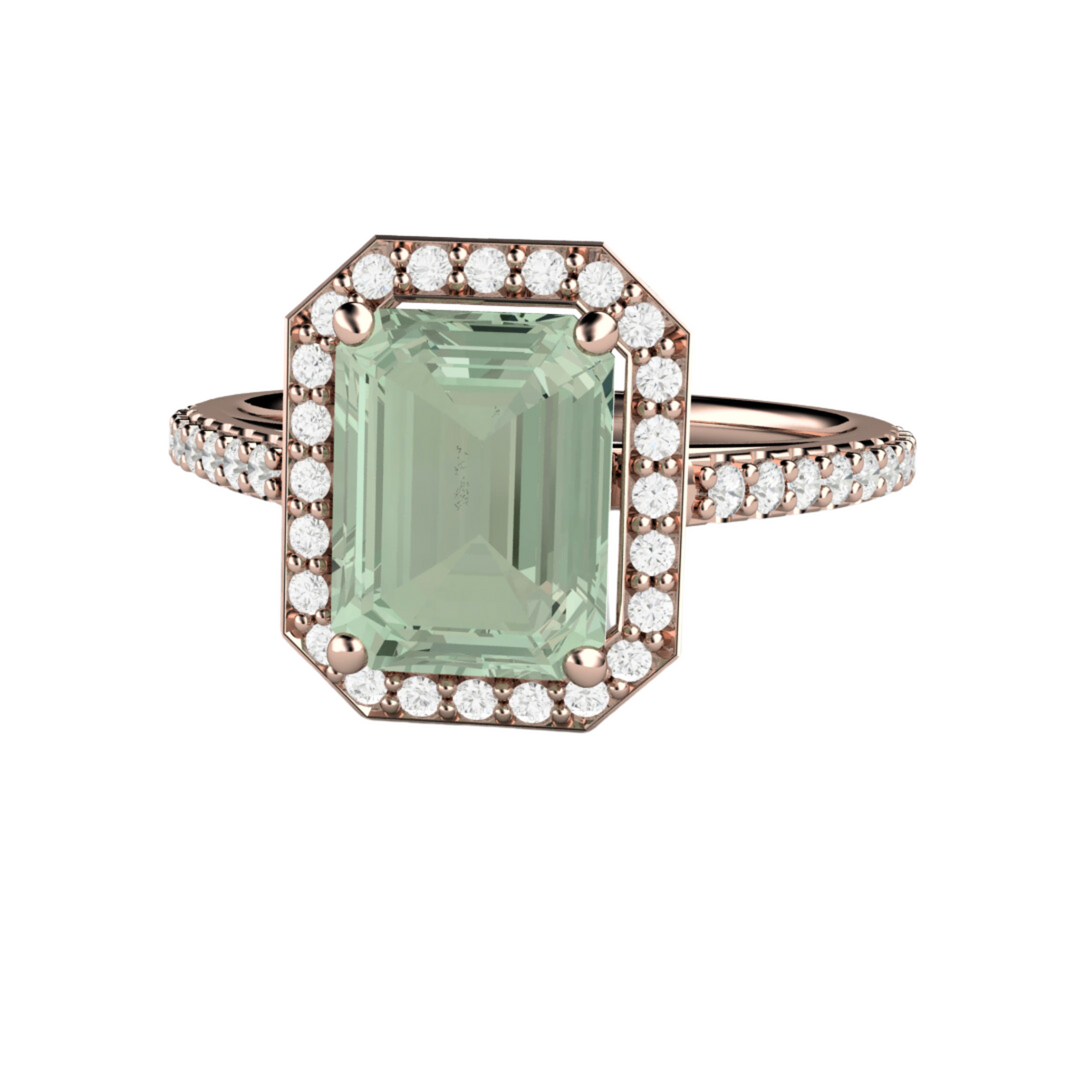 Green Amethyst Rose Gold Ring | Emerald Cut with Diamond Halo in 14K Rose Gold