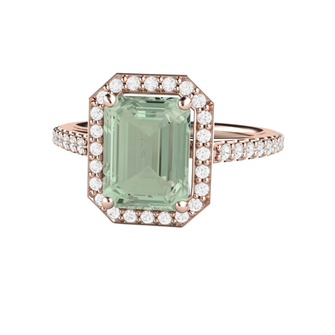 Emerald Cut Green Amethyst Ring | 2ct Light Green Amethyst with Diamond Accents in 18K Rose Gold