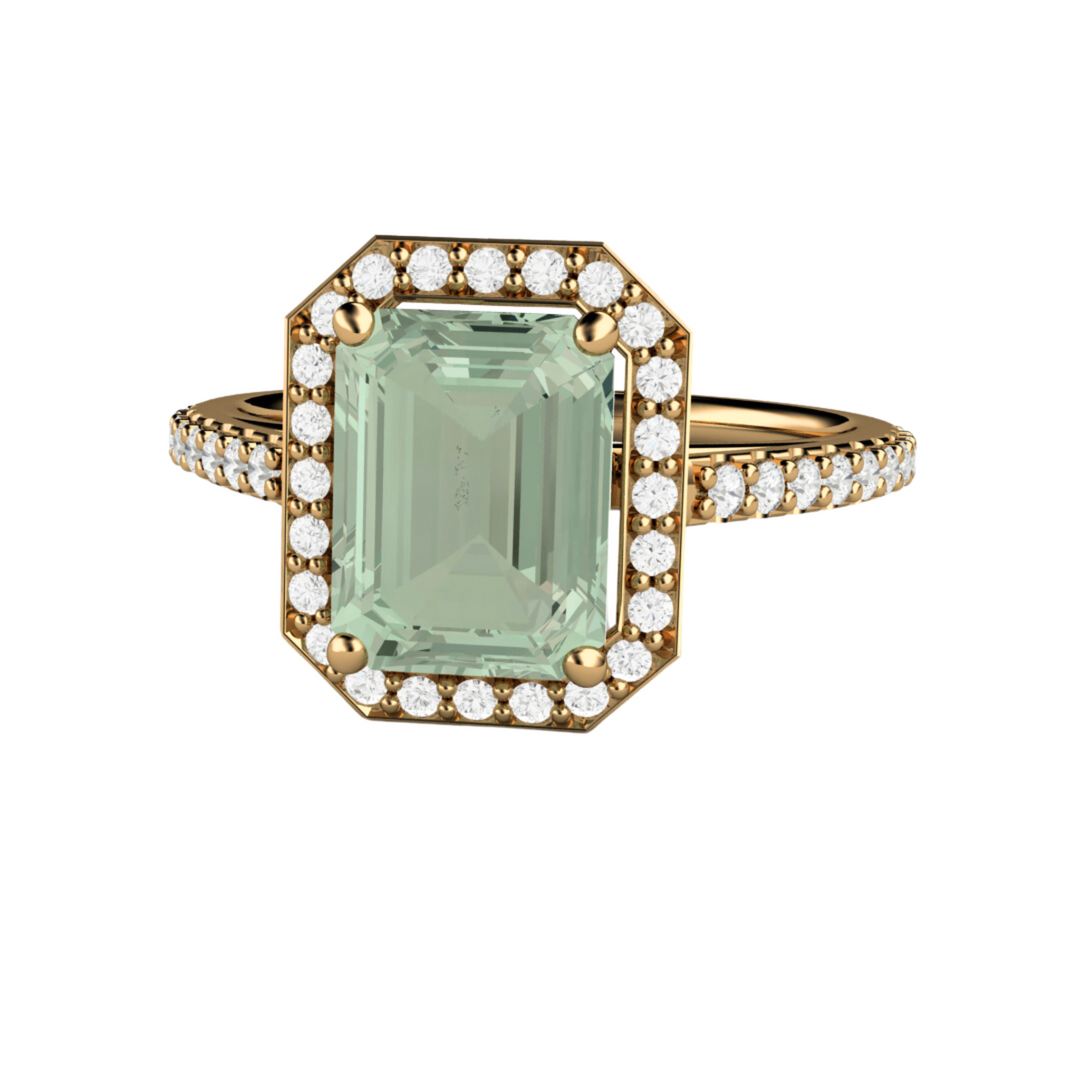 Emerald Cut Green Amethyst Engagement Ring | Light Green Prasiolite Gemstone Ring in 18K Yellow Gold