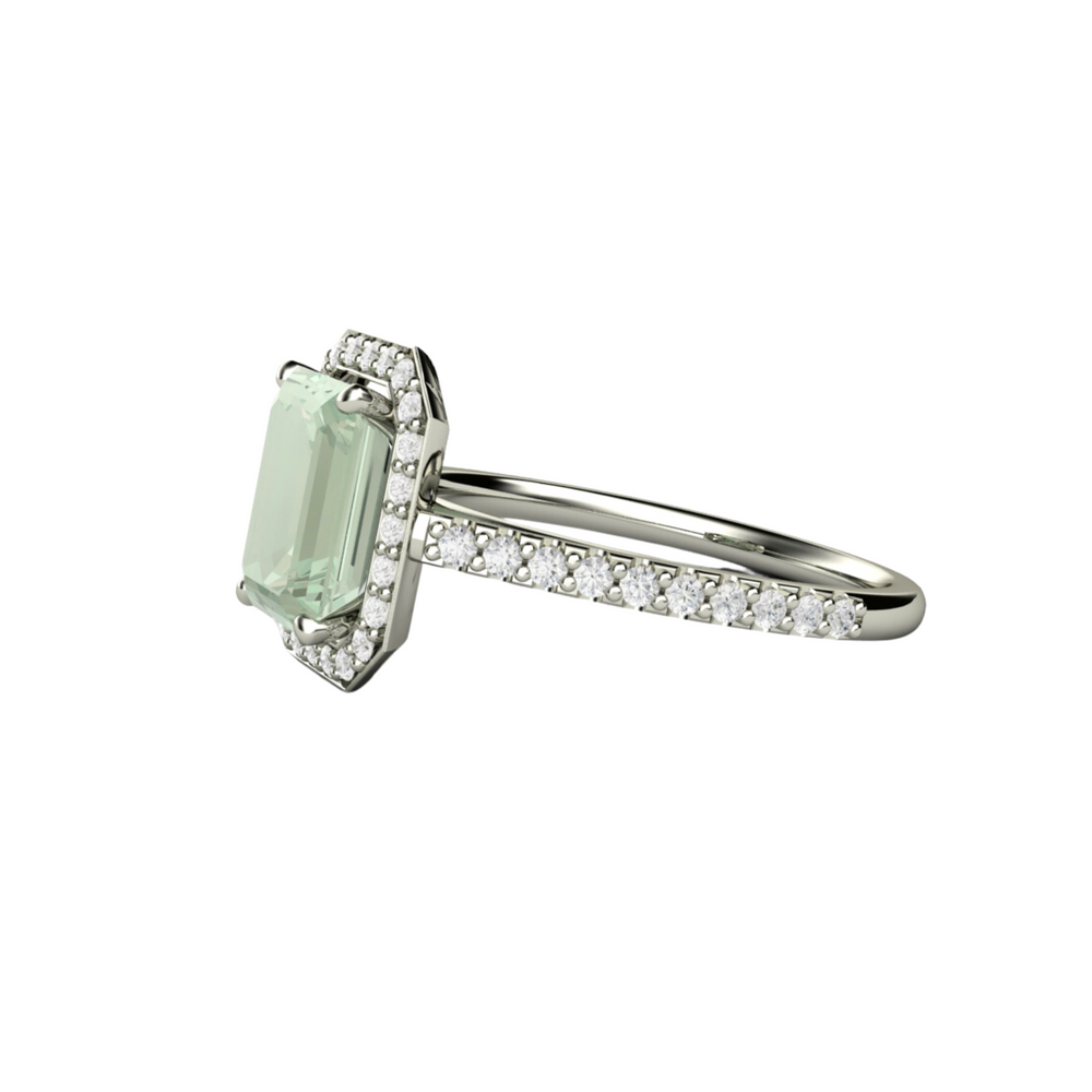 Emerald Cut Green Amethyst Ring | 2ct Pastel Green Amethyst Ring Diamond Accents - Side View