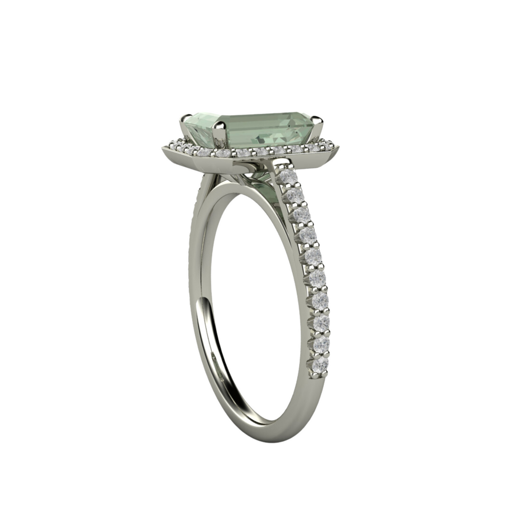 Emerald Cut Green Amethyst Ring | Pave Diamond Halo Cathedral Setting in Gold or Platinum