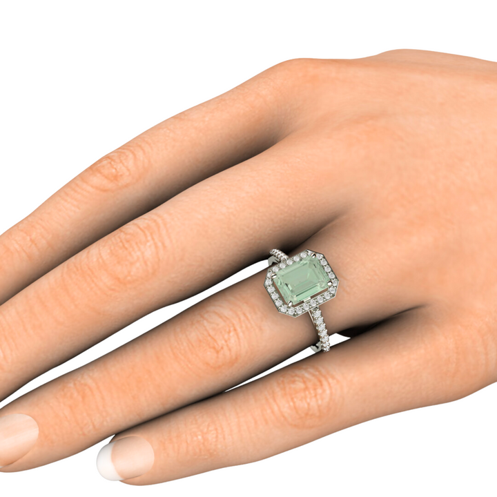 Emerald Cut Green Amethyst Ring | Pave Diamond Halo shown on the Hand