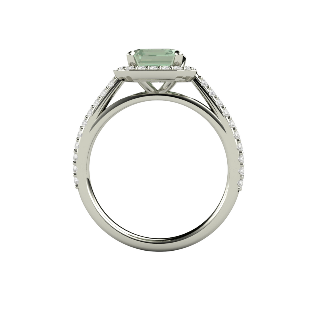 Emerald Cut Green Amethyst Ring | Pave Diamond Halo Thru the Finger View