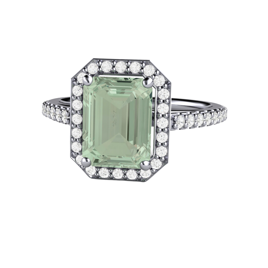 Emerald Cut Green Amethyst Ring | 2ct Pastel Green Amethyst Ring with Diamond Halo in Platinum