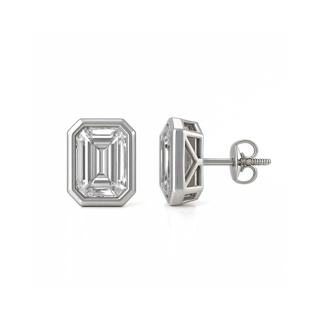 Emerald Cut Lab Grown Diamond Stud Earrings IGI Certified 2 Carat Each 4ctw Bezel Setting Platinum | Rare Earth Jewelry