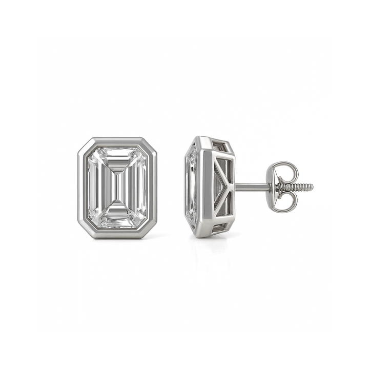 Emerald Cut Lab Grown Diamond Stud Earrings IGI Certified 2 Carat Each 4ctw Bezel Setting Platinum | Rare Earth Jewelry