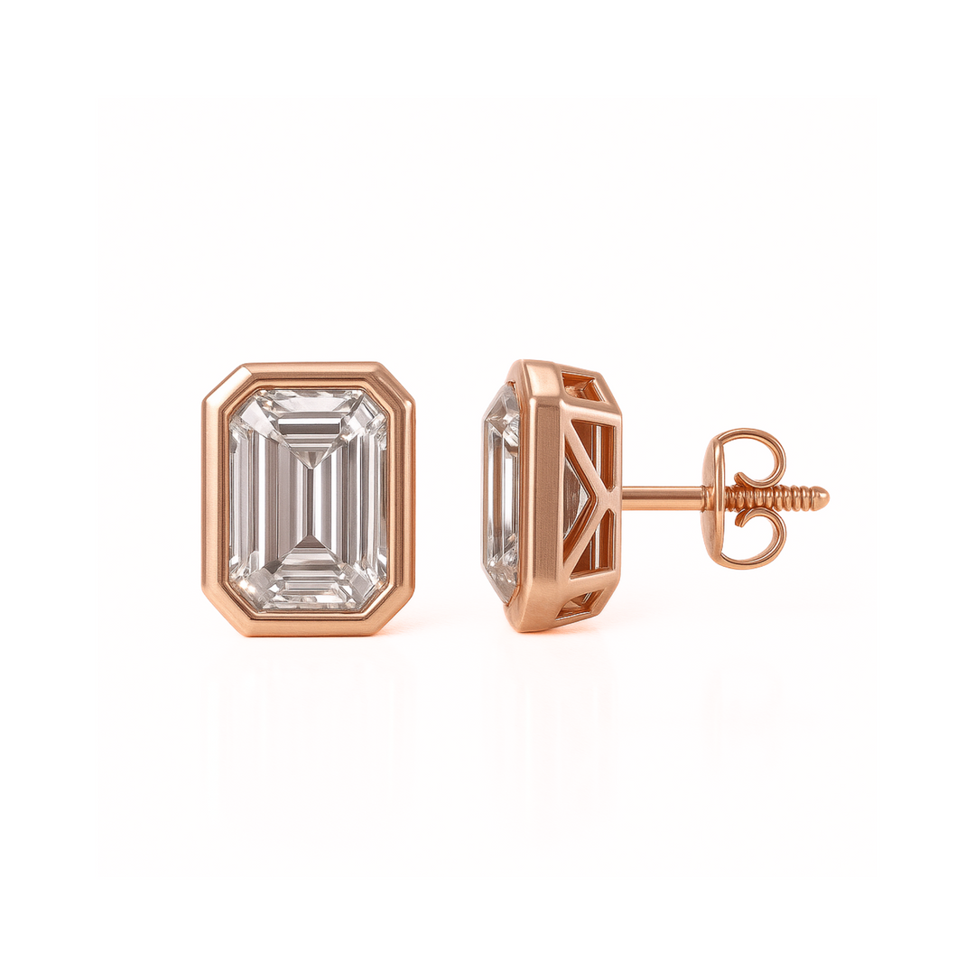 2ct Each Emerald Cut Lab Grown Diamond Bezel Stud Earrings 4ctw Pair in Rose Gold | Rare Earth Jewelry