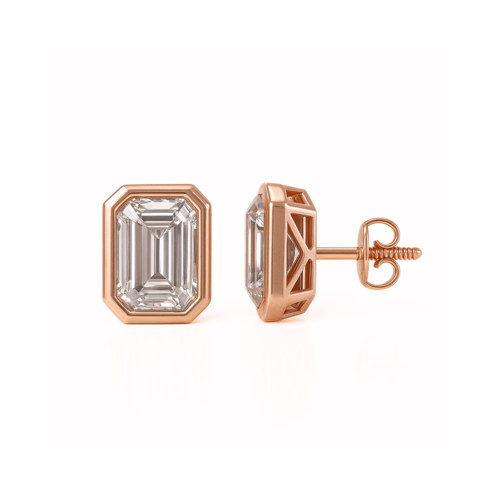 2ct Each Emerald Cut Lab Grown Diamond Bezel Stud Earrings 4ctw Pair in Rose Gold | Rare Earth Jewelry