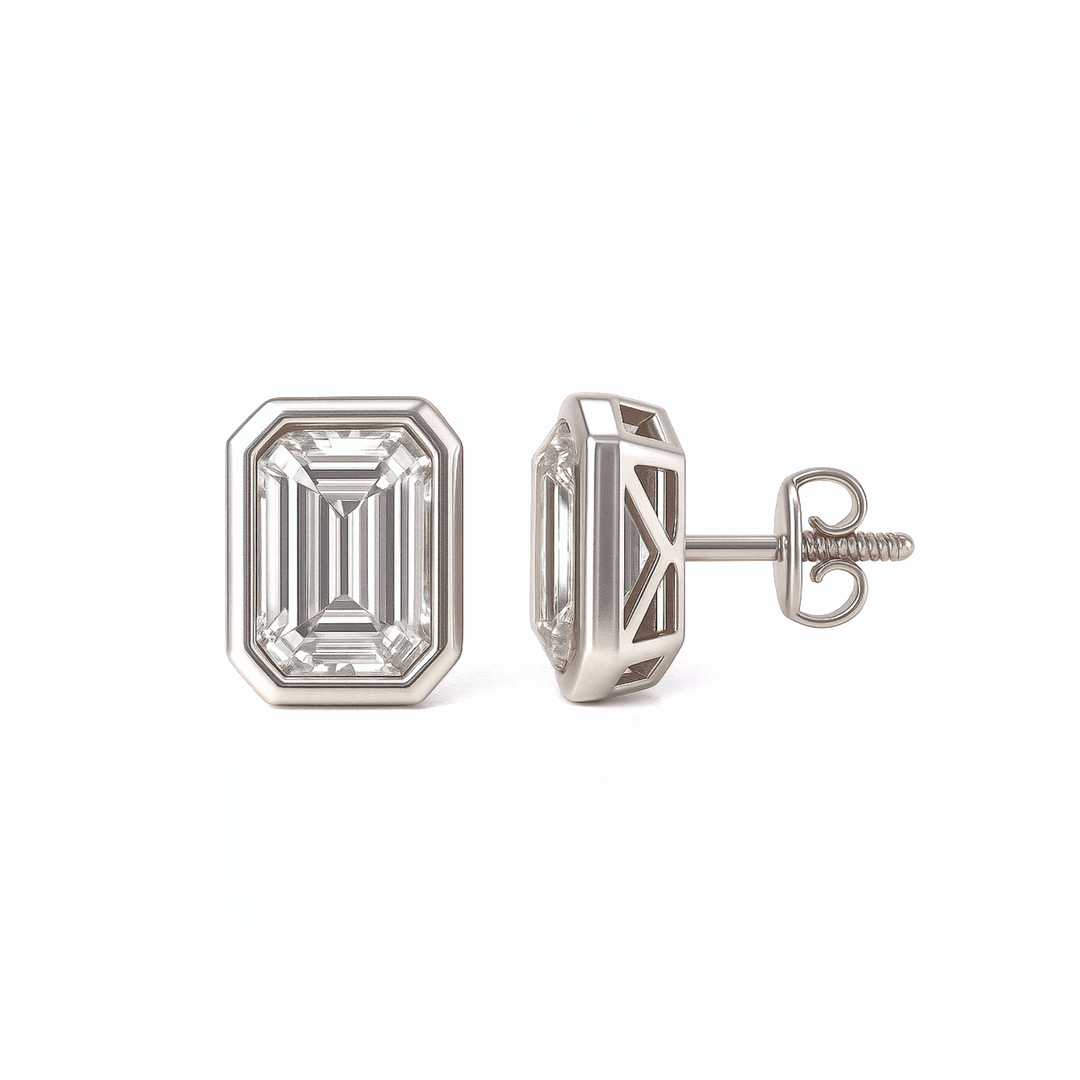 Emerald Cut Lab Grown Diamond Stud Earrings 2 Carats Each 4 Carat Total Weight Bezel Set in White Gold | Rare Earth Jewelry