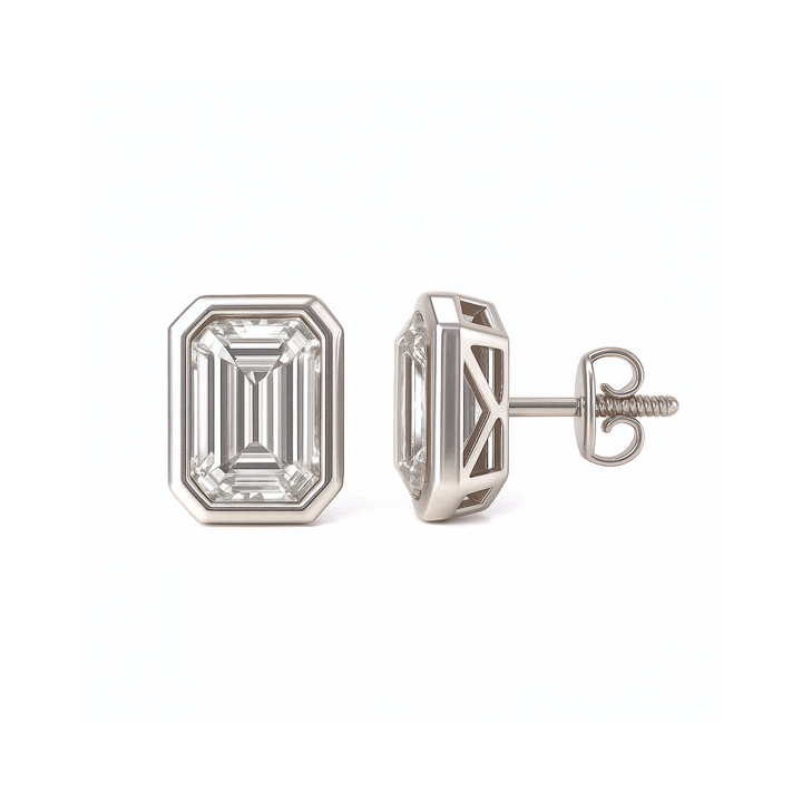 Emerald Cut Lab Grown Diamond Stud Earrings 2 Carats Each 4 Carat Total Weight Bezel Set in White Gold | Rare Earth Jewelry