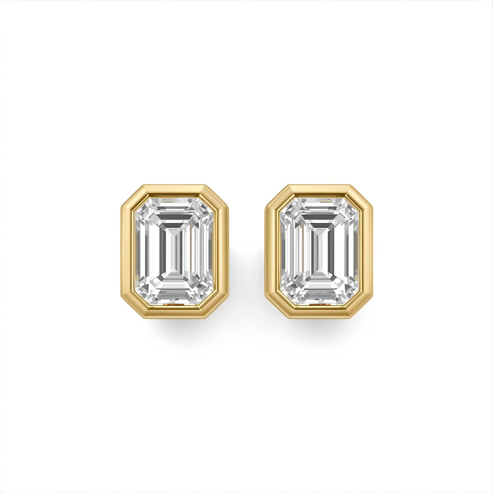 Bezel Set Lab Grown Diamond Earrings, 2 Carat Emerald Cut Diamond Studs, 2ct Each 4ctw Pair in Gold or Platinum | Rare Earth Jewelry