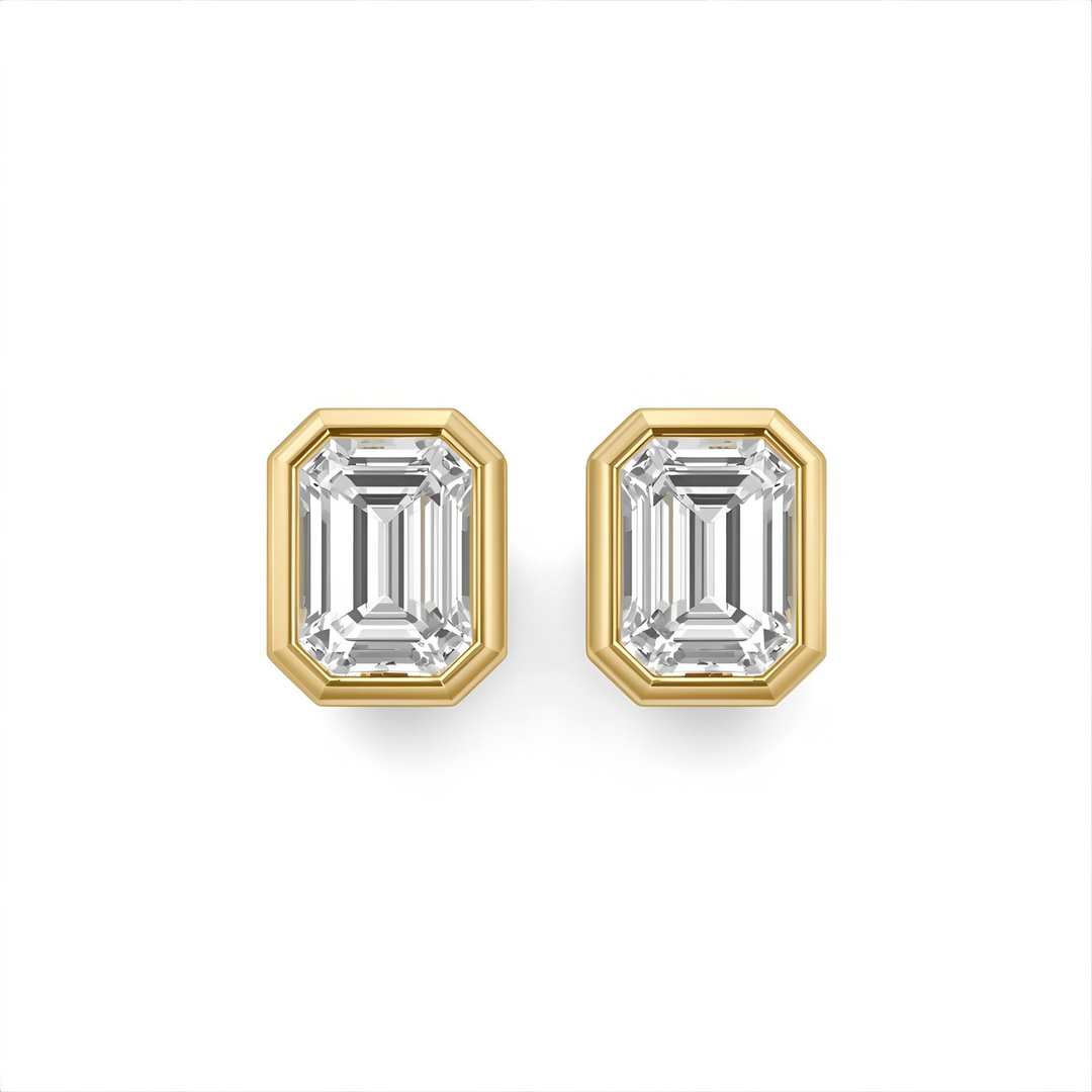 Bezel Set Lab Grown Diamond Earrings, 2 Carat Emerald Cut Diamond Studs, 2ct Each 4ctw Pair in Gold or Platinum | Rare Earth Jewelry