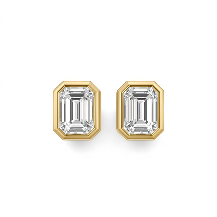 Bezel Set Lab Grown Diamond Earrings, 2 Carat Emerald Cut Diamond Studs, 2ct Each 4ctw Pair in Gold or Platinum | Rare Earth Jewelry