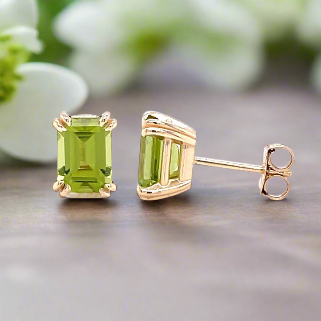 Emerald Cut Peridot Earrings, 14K Gold Natural Peridot Studs with Double Prongs