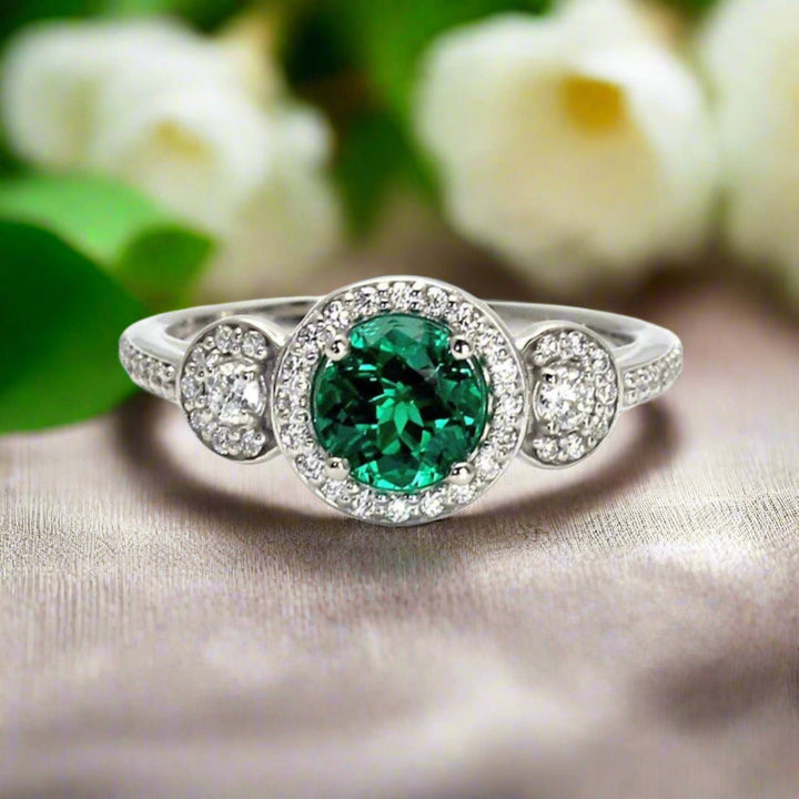 Round Emerald Engagement Ring, 3 Stone Design with Diamond Halo in 14K or 18K Gold and Platinum | Rare Earth Jewelry
