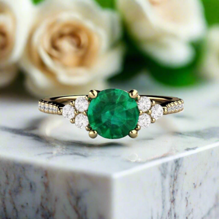 Round Emerald Engagement Ring with Diamond Accents, Emerald and Diamond Ring, May Birthstone in 14K or 18K Gold and Platinum | Rare Earth Jewelry
