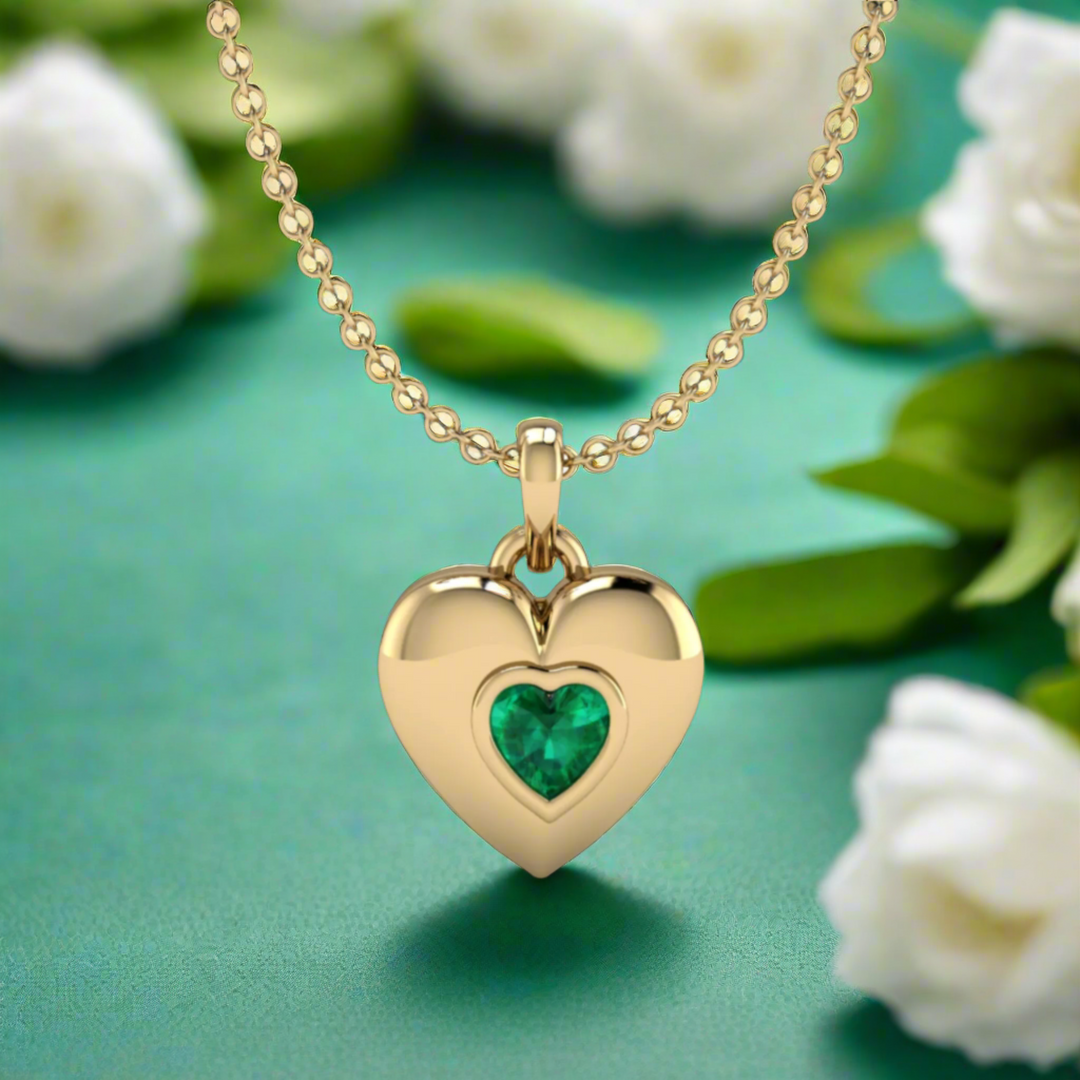 Emerald Heart Necklace, 14K Gold Emerald Pendant, Modern Minimalist Bezel Setting, May Birthstone