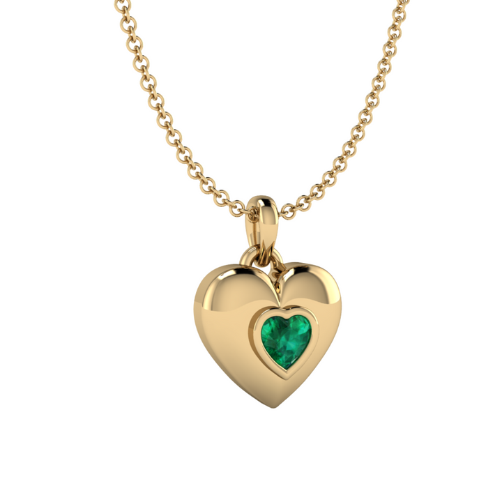 Heart Cut Emerald Necklace, Bezel Set Emerald Pendant, 14K Yellow Gold 