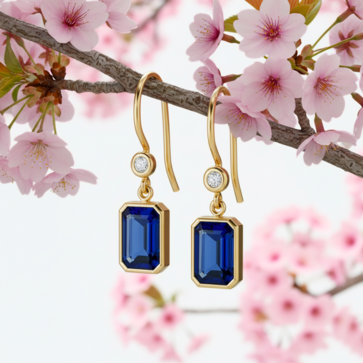 14K Gold Blue Sapphire Emerald Cut Earrings with Diamonds, Bezel Set Dangles | September Birthstone Jewelry | Rare Earth Jewelry