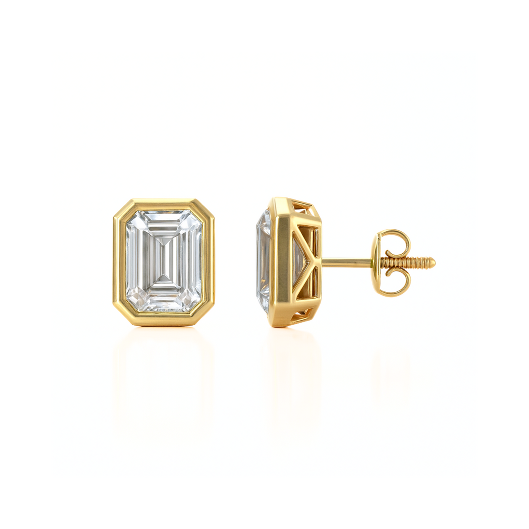 Emerald Cut Lab Grown Diamond Stud Earrings 2ct Each 4ctw Pair IGI or GCAL Certified Bezel Set in 14K 18K Gold or Platinum | Rare Earth Jewelry