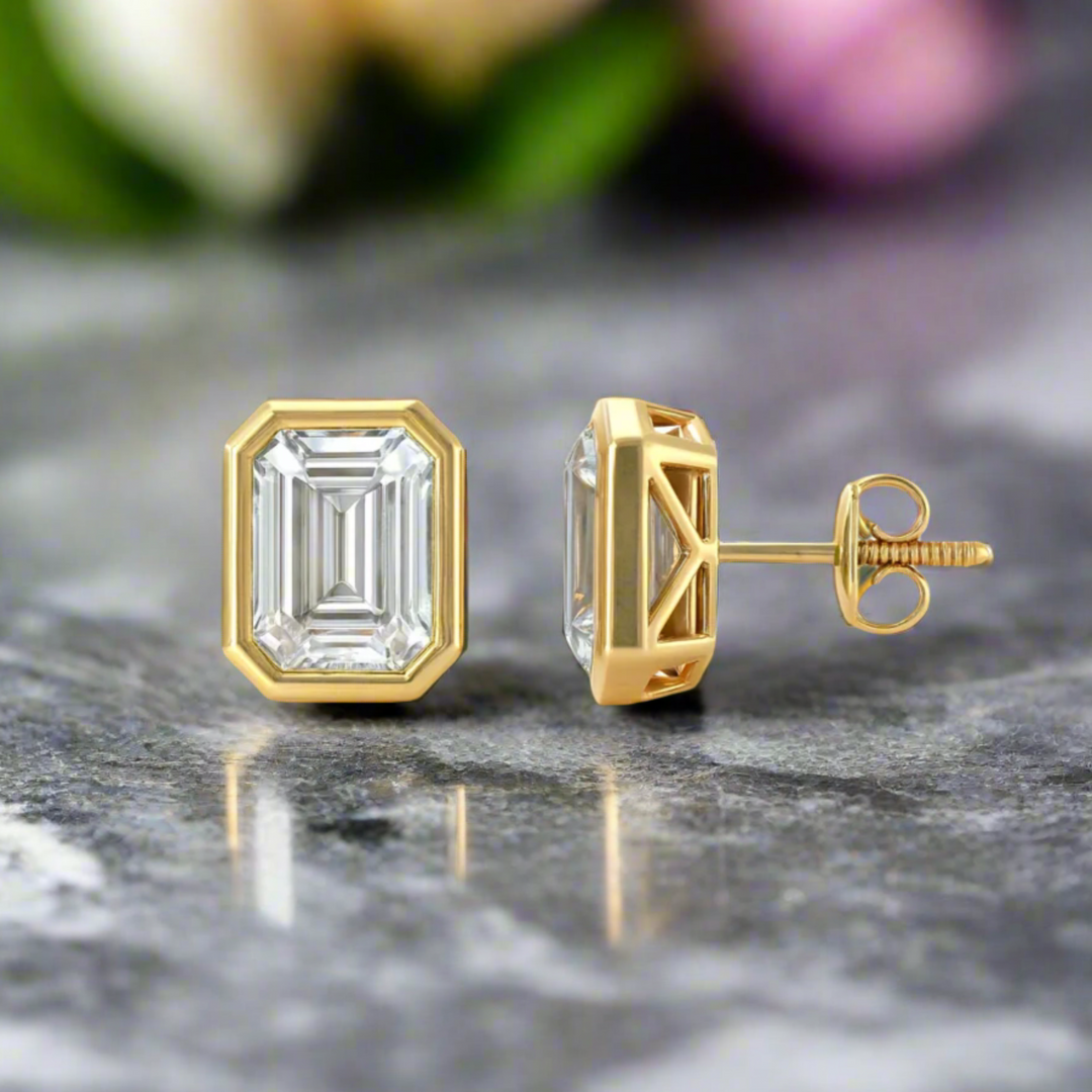 Emerald Cut Lab Grown Diamond Stud Earrings in Gold or Platinum Bezel Settings, 2 Carats each, 4 Carats total weight | Rare Earth Jewelry