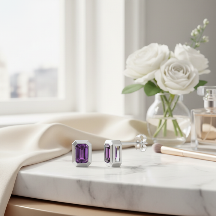 Emerald cut Amethyst earrings in 14K White Gold Bezel Set Design, Natural Purple Stone Studs | Rare Earth Jewelry