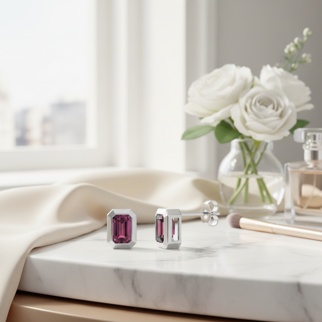 Emerald cut Rhodolite Garnet earrings in 14K White Gold bezel set minimalist design.  Modern January birthstone jewelry | Rare Earth Jewelry