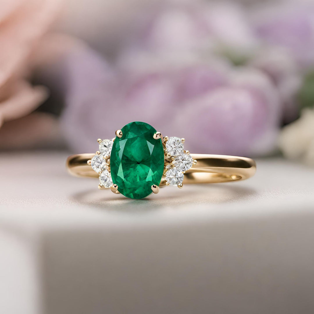 A green emerald oval engagement ring with diamond accents in yellow gold from Rare Earth Jewelry.