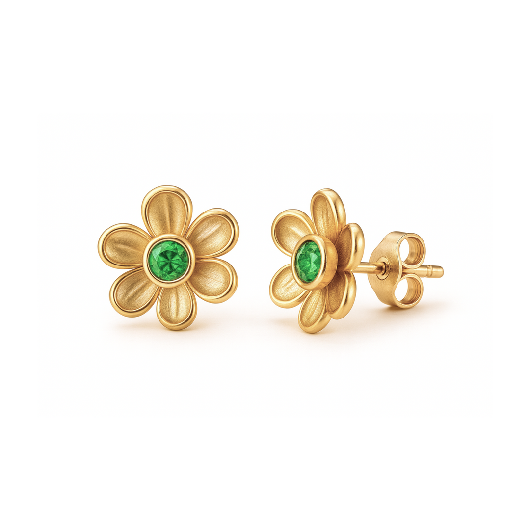 Emerald Stud Earrings | Small Green Gemstone Floral Studs | May Birthstone Flower Earrings in 14K or 18K Gold