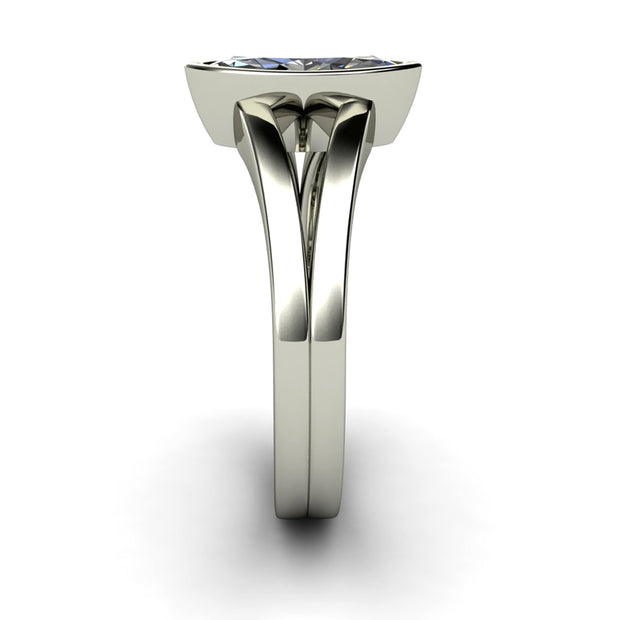 Side view of marquise Moissanite engagement ring showing the double split band.