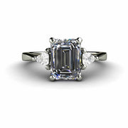 Gray Moissanite Ring Three Stone Setting Emerald Cut with Trillions Custom Made Eco-Friendly Ethical Engagement Rings