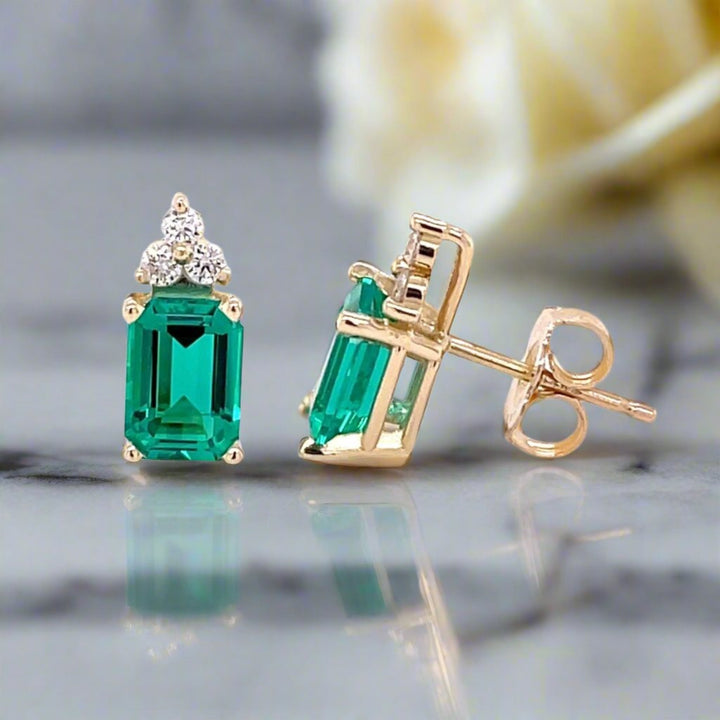 14K Gold Emerald and Diamond Earrings, Green Emerald Stud Earrings, Emerald Cut, Diamond Accents