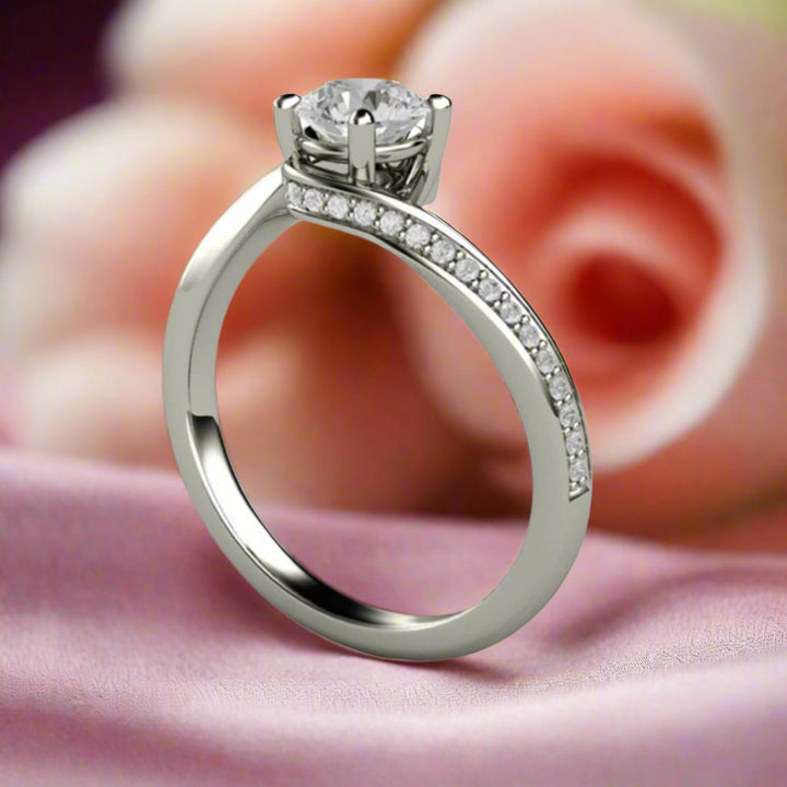 Round Lab Grown Diamond Engagement Ring, Split Shank Bypass Solitaire Setting with Diamond Accents