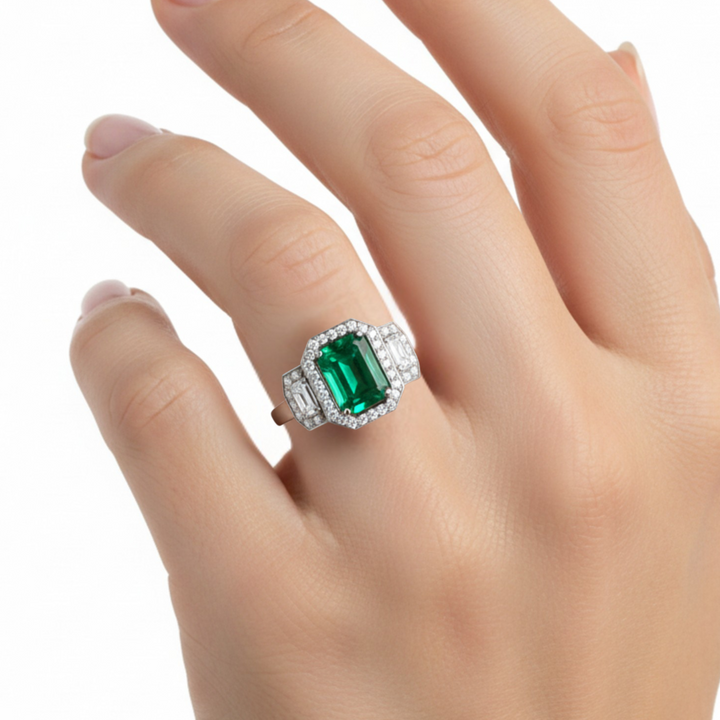 Large Emerald Engagement Ring 3 Stone Emerald cut Emerald Ring with Lab Created Diamond Halo shown on the Hand | Rare Earth Jewelry