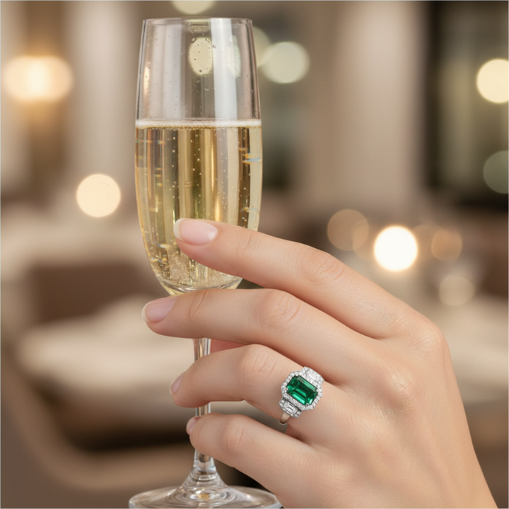 Large Emerald Engagement Ring with Diamonds in a Three Stone Design with Diamond Halos, Shown on the Hand | Rare Earth Jewelry