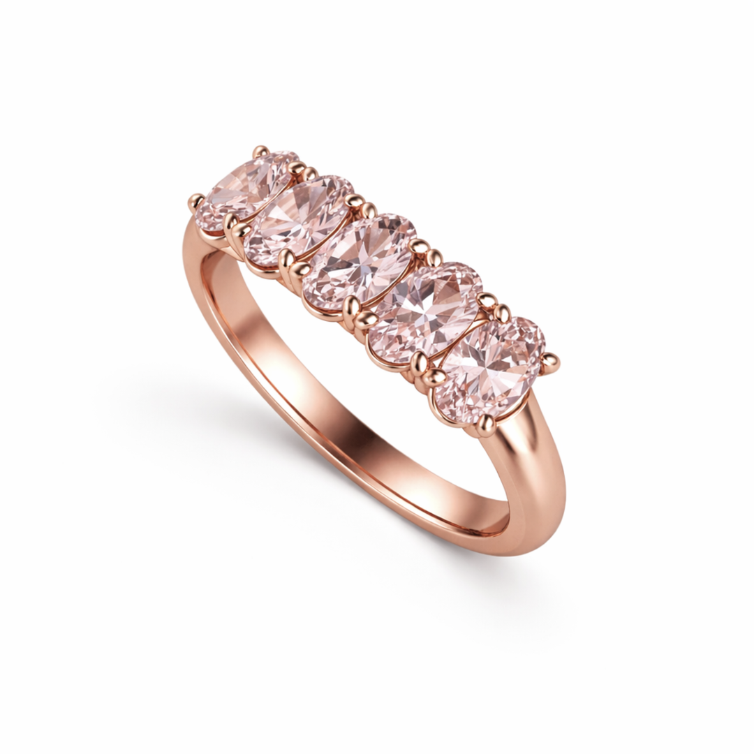 Light Pink Tourmaline Band, Oval Stacking Ring, 5 Stone Anniversary Ring in Rose Gold | Rare Earth Jewelry