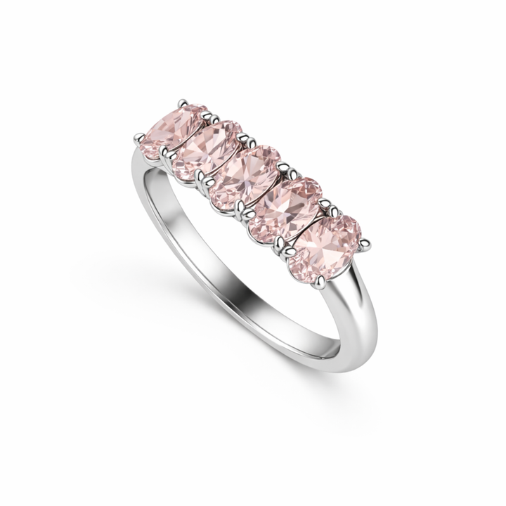 Light Pink Tourmaline Ring in White Gold, 5 Stone Oval Anniversary Band, October Birthday Gift or Mother's Ring | Rare Earth Jewelry